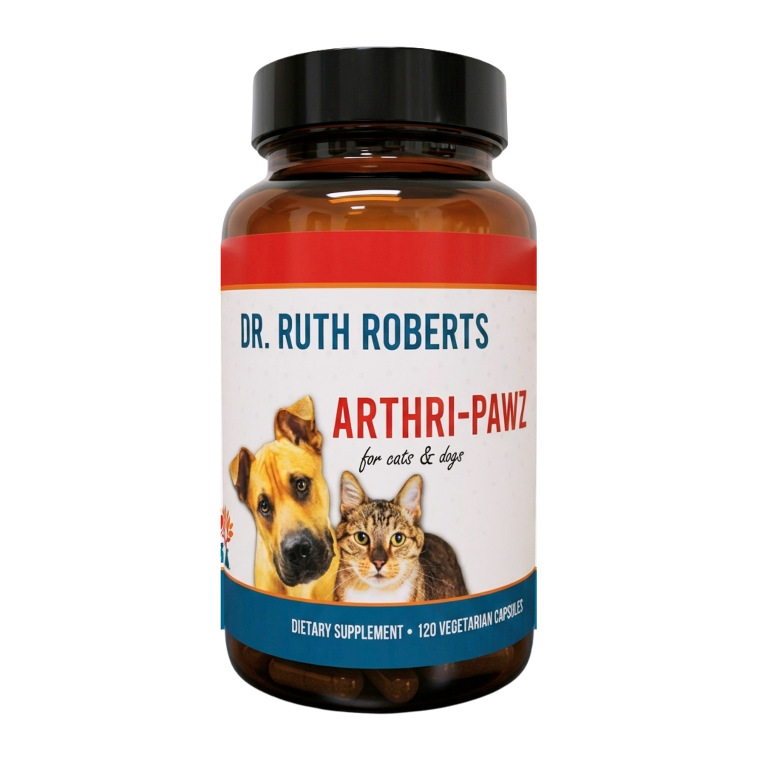 Joint support supplement bottle with Arthri-Pawz label, amber jar, black cap