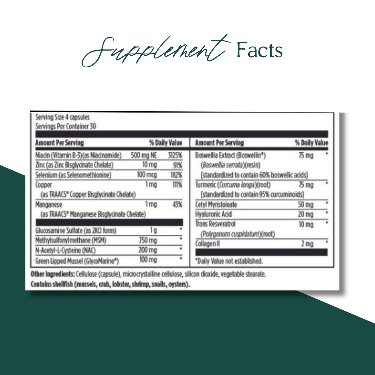 Supplement Facts label showing serving size, amounts, and % daily value table