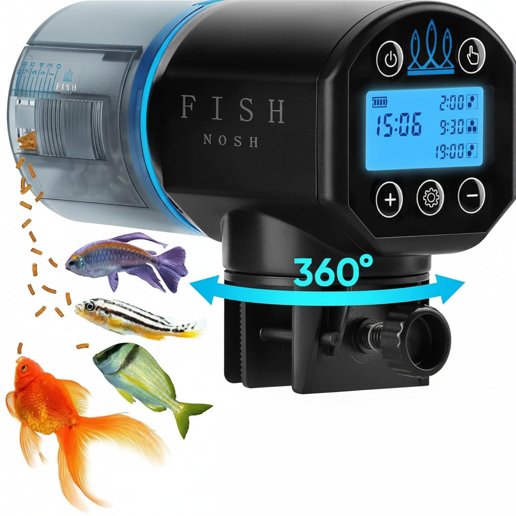 Automatic fish feeder with blue rim, LCD screen, and 360° rotating dispenser