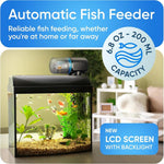 Automatic fish feeder with LCD screen and backlit display, blue housing