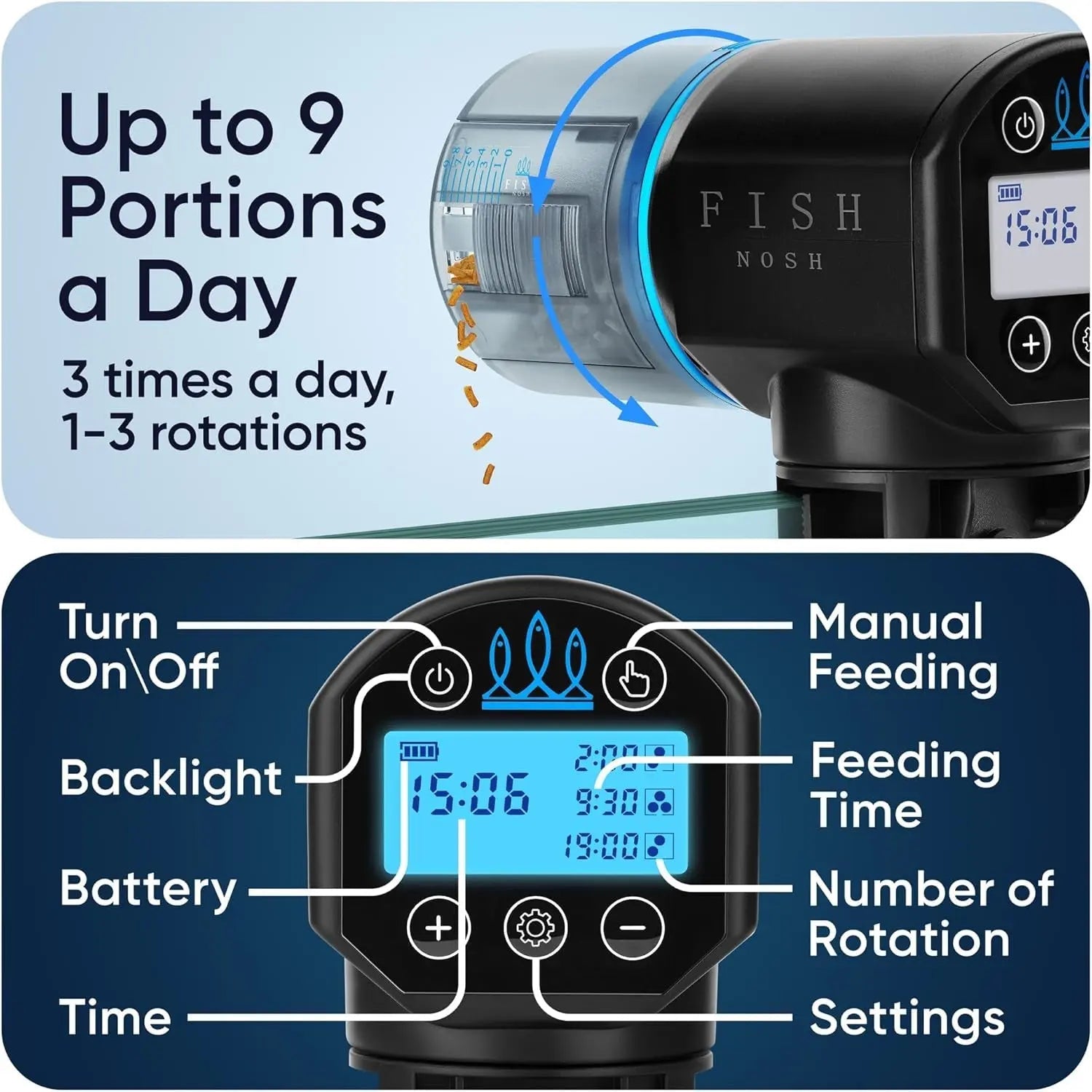 Fish feeder timer display with blue-lit controls and portion settings