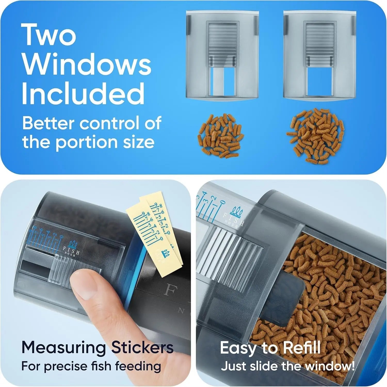 Fish feeder with two slide feeding windows and pellets shown inside the tray