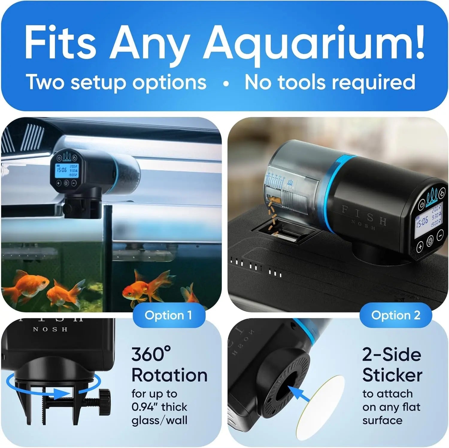Fish feeder with 360° rotation and two mounting setup options on flat surfaces