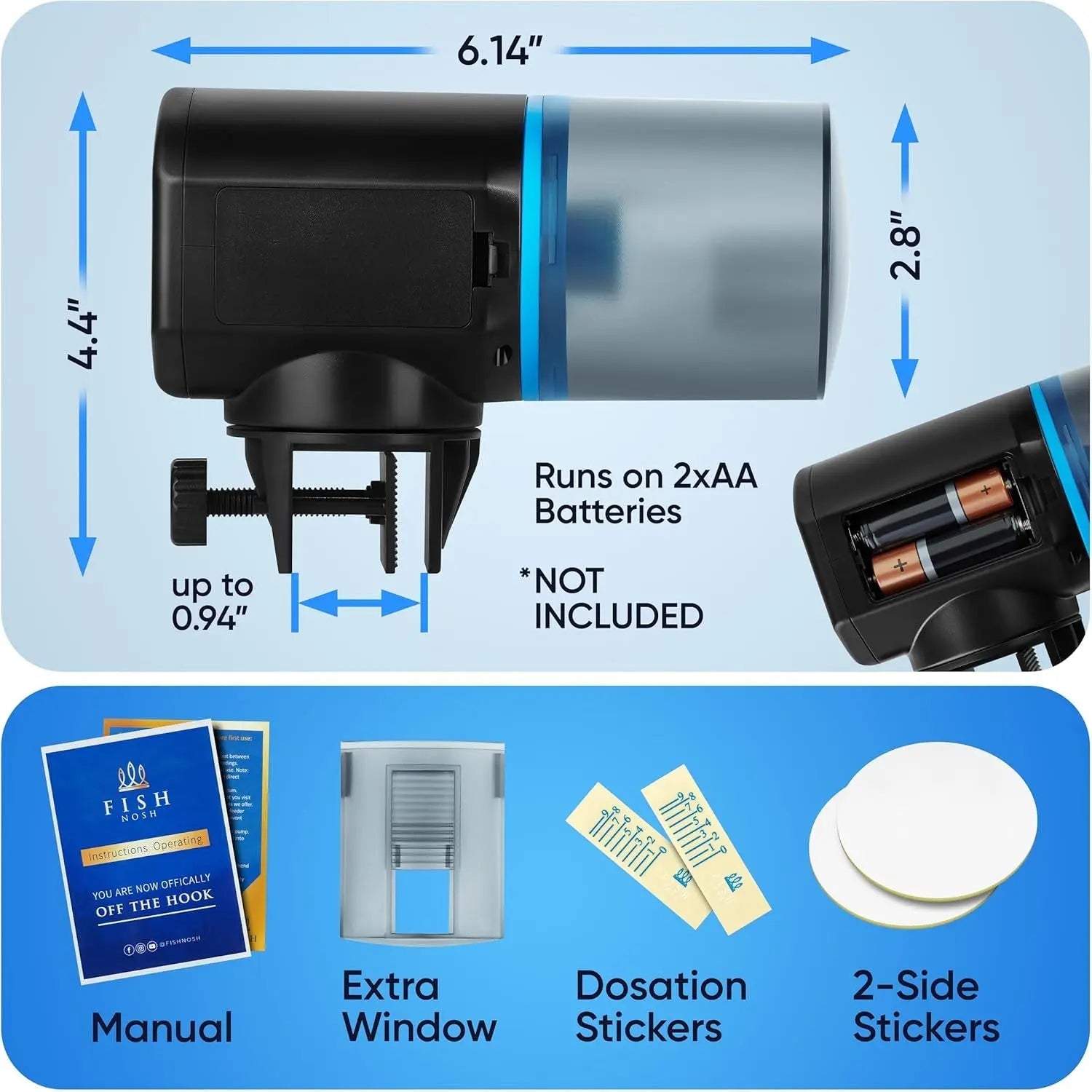 Compact fish feeder housing with dimensions and 2xAA battery power info