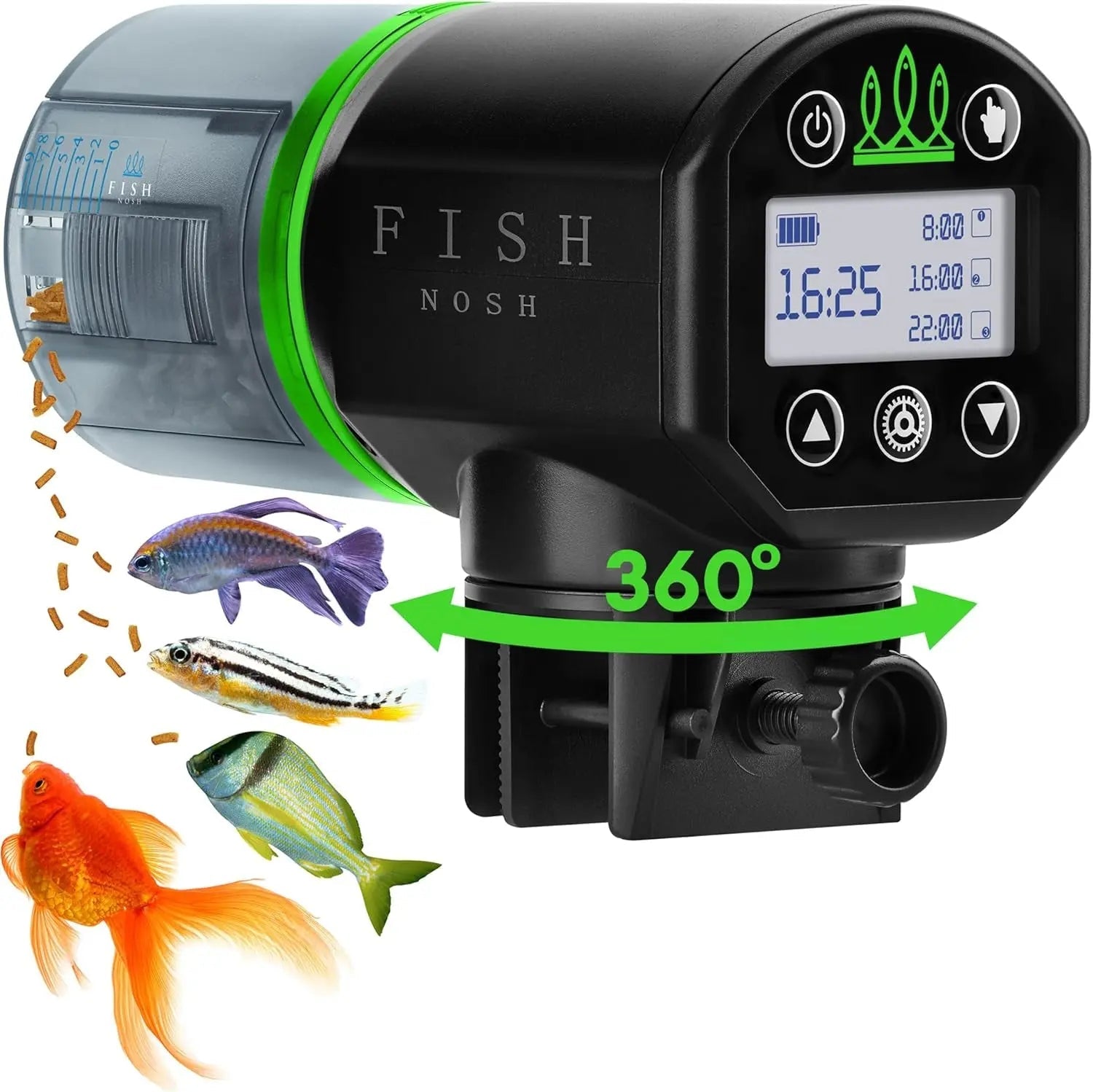 Automatic fish feeder with green rim, LCD screen, and 360° rotating dispenser