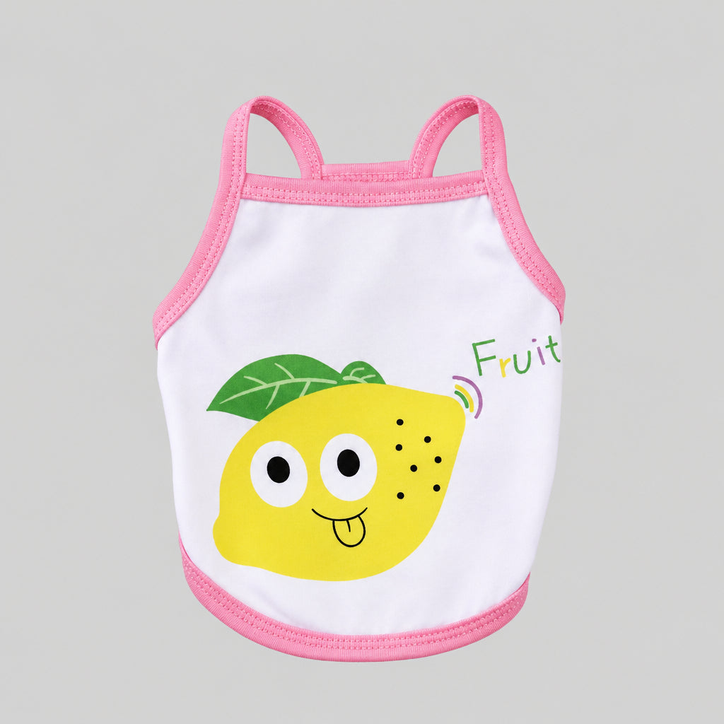 White pet tank top with pink trim, green fruit character face graphic with "Fruit" text.