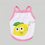 White pet tank top with pink trim, green fruit character face graphic with "Fruit" text.
