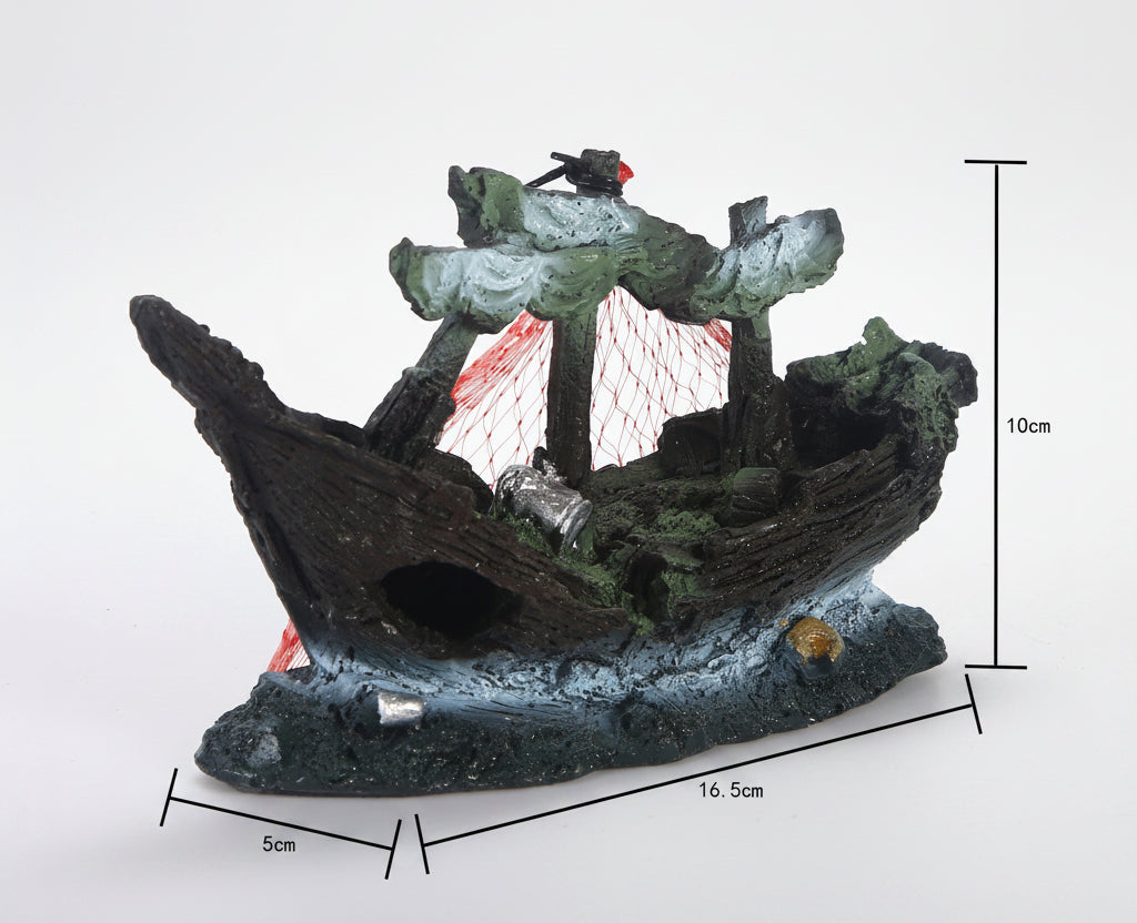 Black resin boat ornament with net and gray rock base; size measures shown