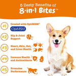 Dog vitamin bites benefits chart with corgi illustration
