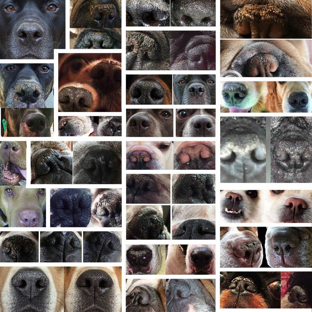 Collage of dog nose close-ups with textured skin