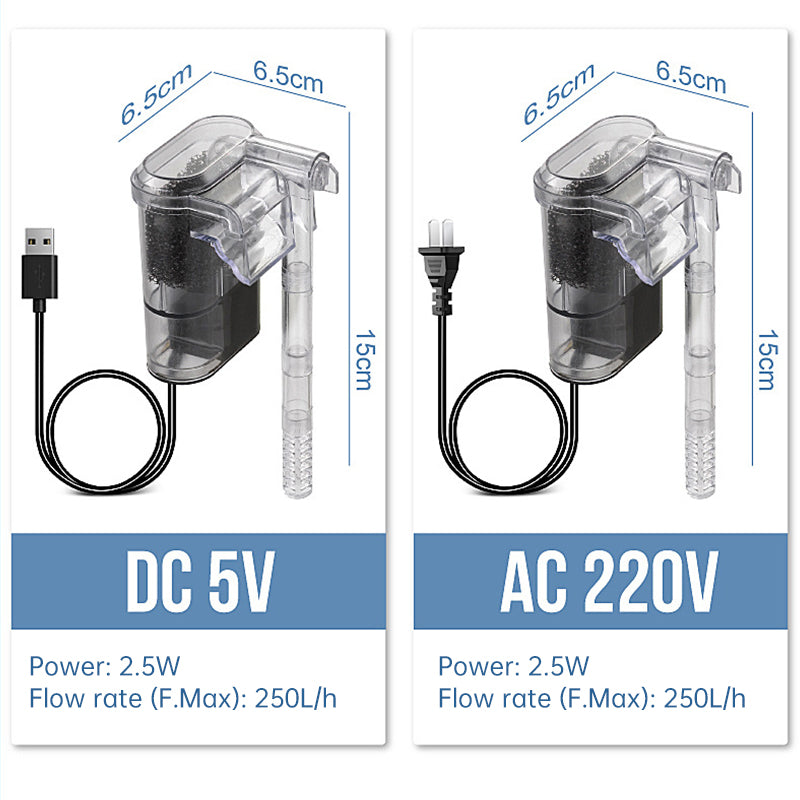 Mini hanging aquarium filter size and power specs: 2.5W, 250L/h, 6.5cm/15cm