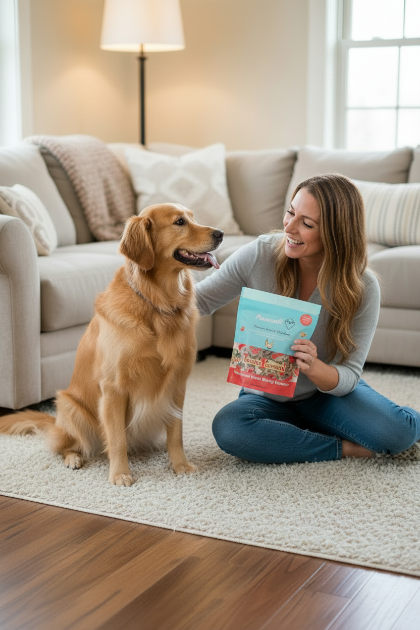 Crunchy dog treat bag with dog and coconut design, held near golden retriever on rug