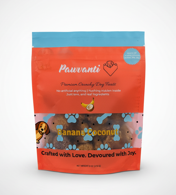 Banana coconut crunchy dog treat pouch with Pawvanti branding and paw print graphics