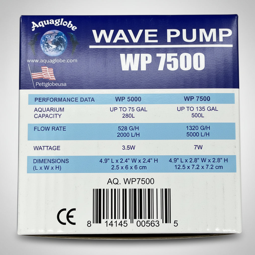 Wave pump WP7500 box showing performance data table and dimensions