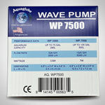 Wave pump WP7500 box showing performance data table and dimensions