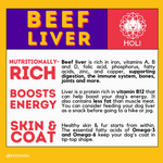 Freeze-dried beef liver nutrition info card with benefits and ingredient highlights