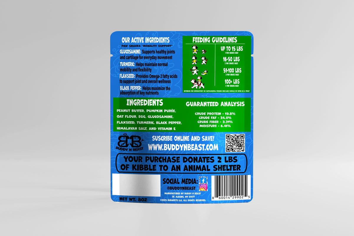 Dog hip & joint snack bag back panel with ingredient list and feeding guideline blocks.