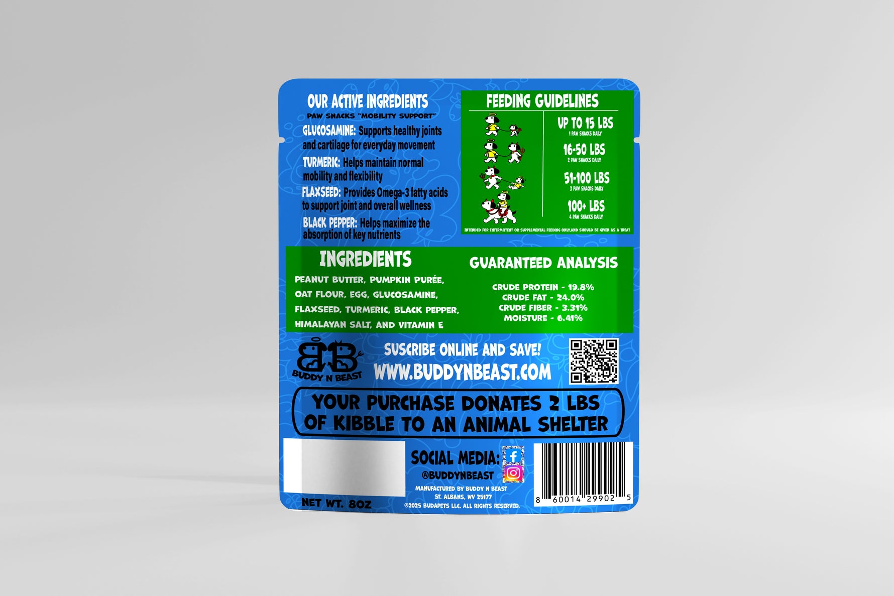 Dog hip & joint snack bag back panel with ingredient list and feeding guideline blocks.