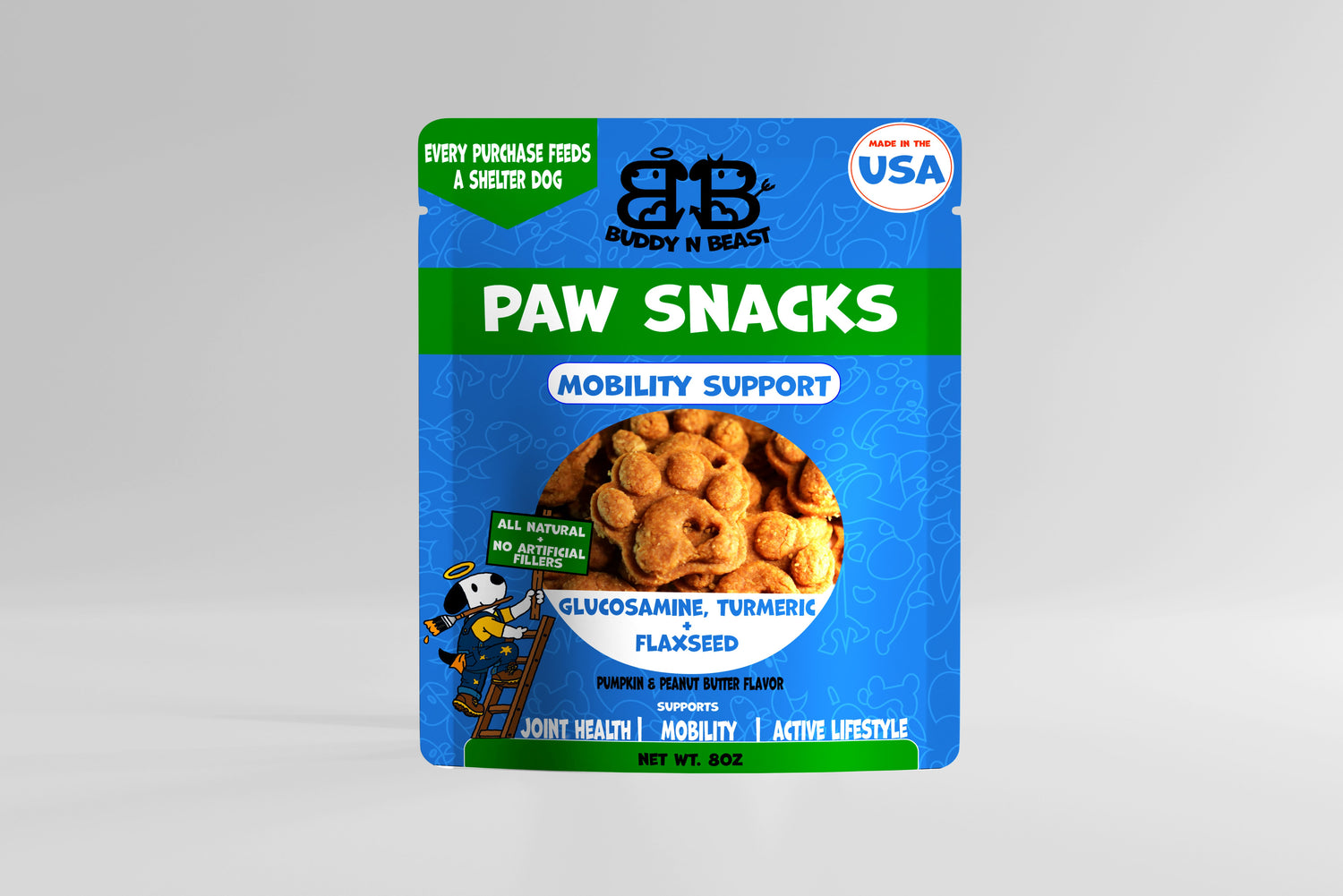 Dog hip & joint snack bag, blue and green package with round treat photo on front.