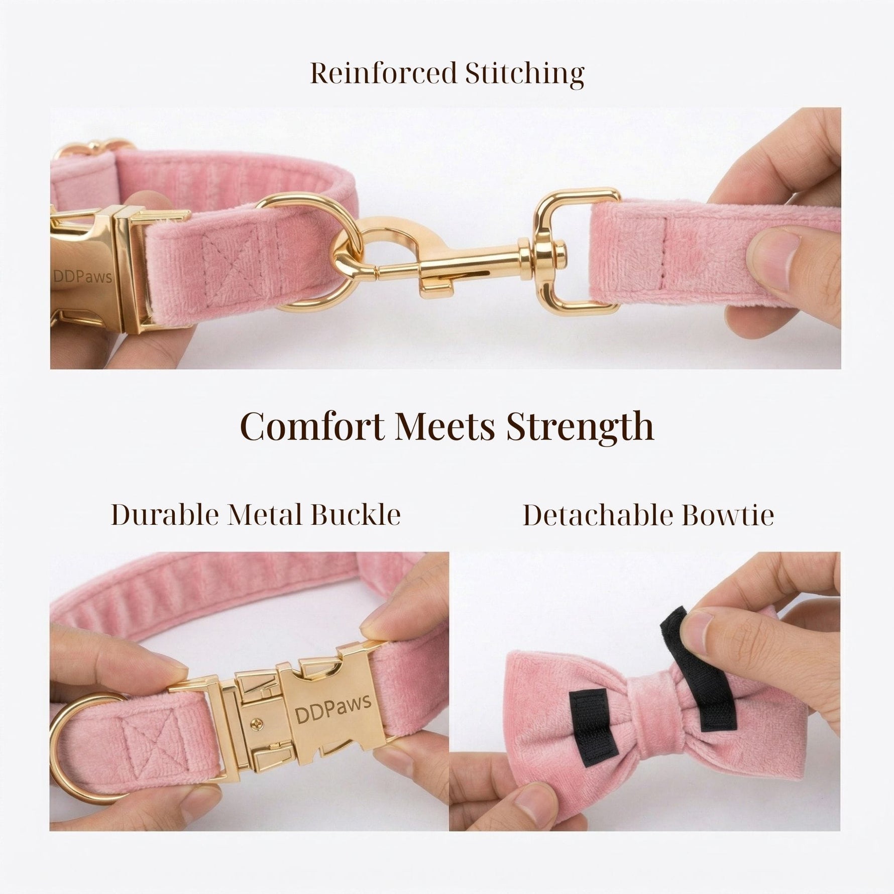 Pink velvet leash with metal clasp and detachable bowtie