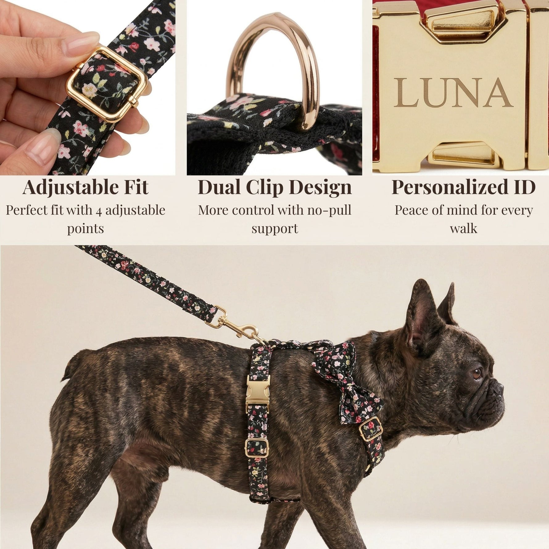Personalized dog harness and collar set with adjustable fit, black floral fabric and gold clips