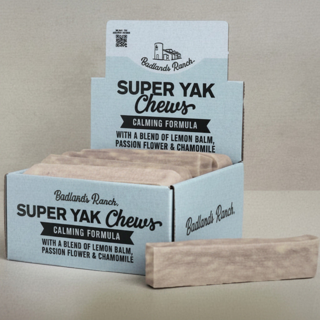 Badlands Ranch Super Yak chews calming formula box with pale yak chew pieces