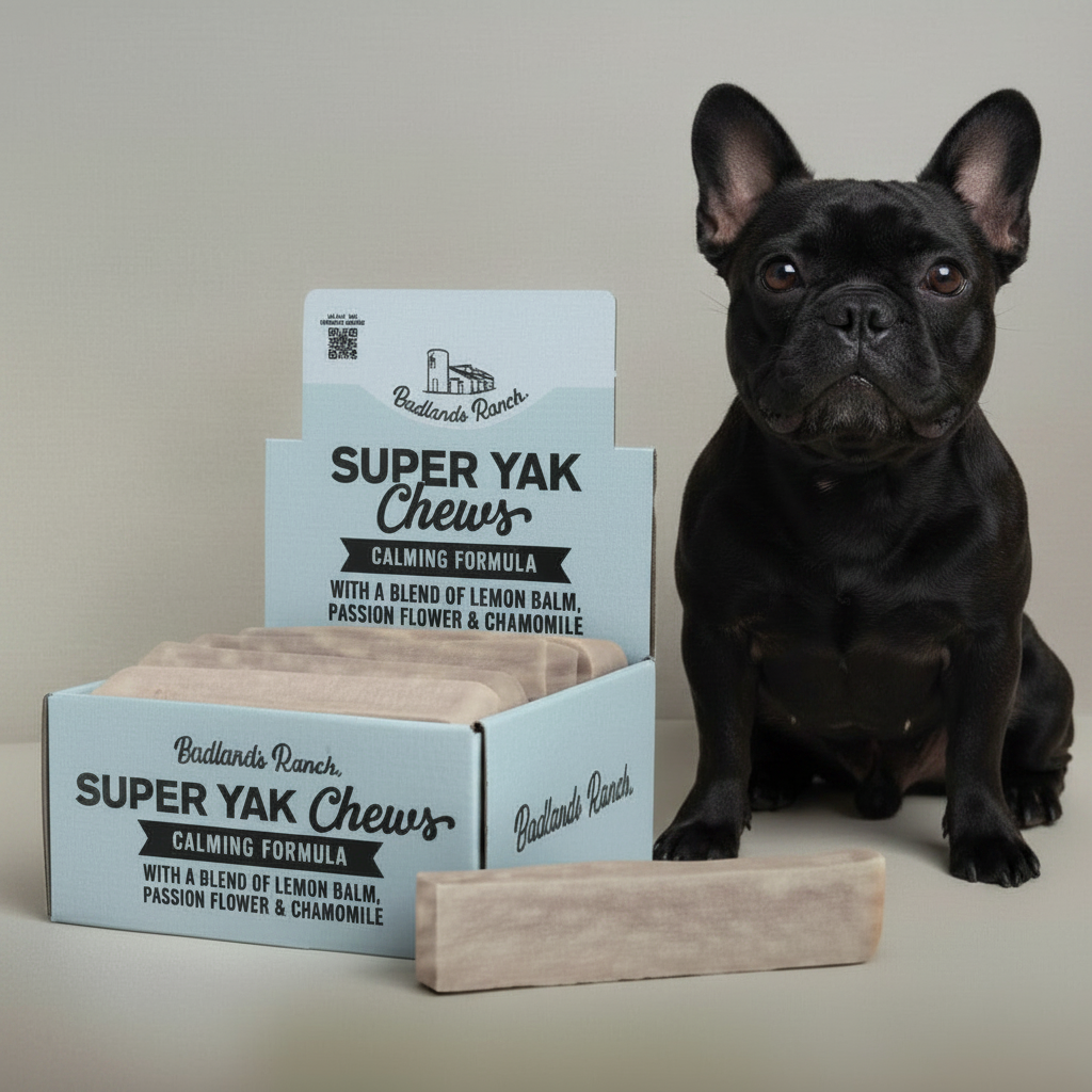 Badlands Ranch Super Yak chews calming formula with pale chew pieces and black dog