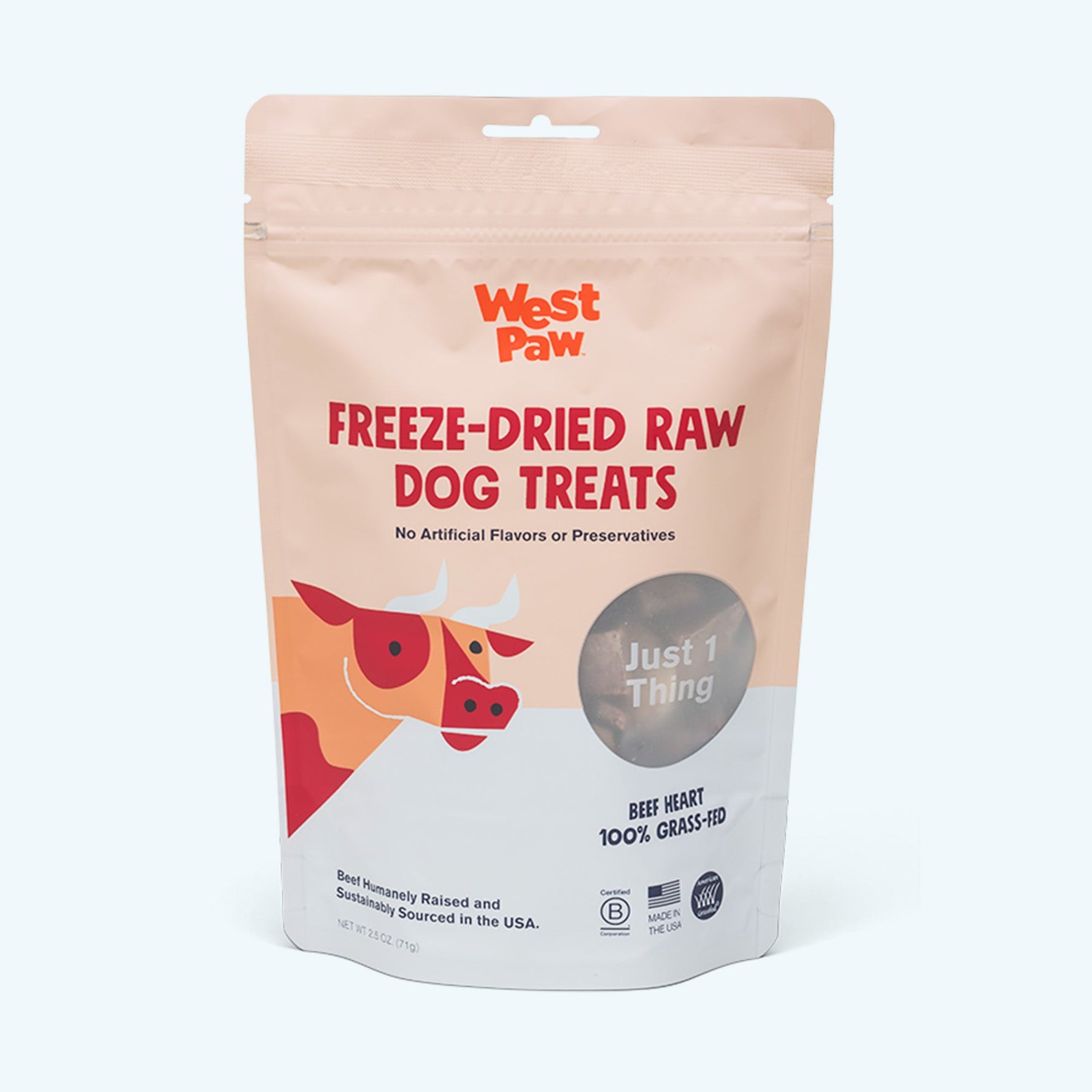 Freeze-dried raw dog treat bag with beef heart pieces, resealable pouch