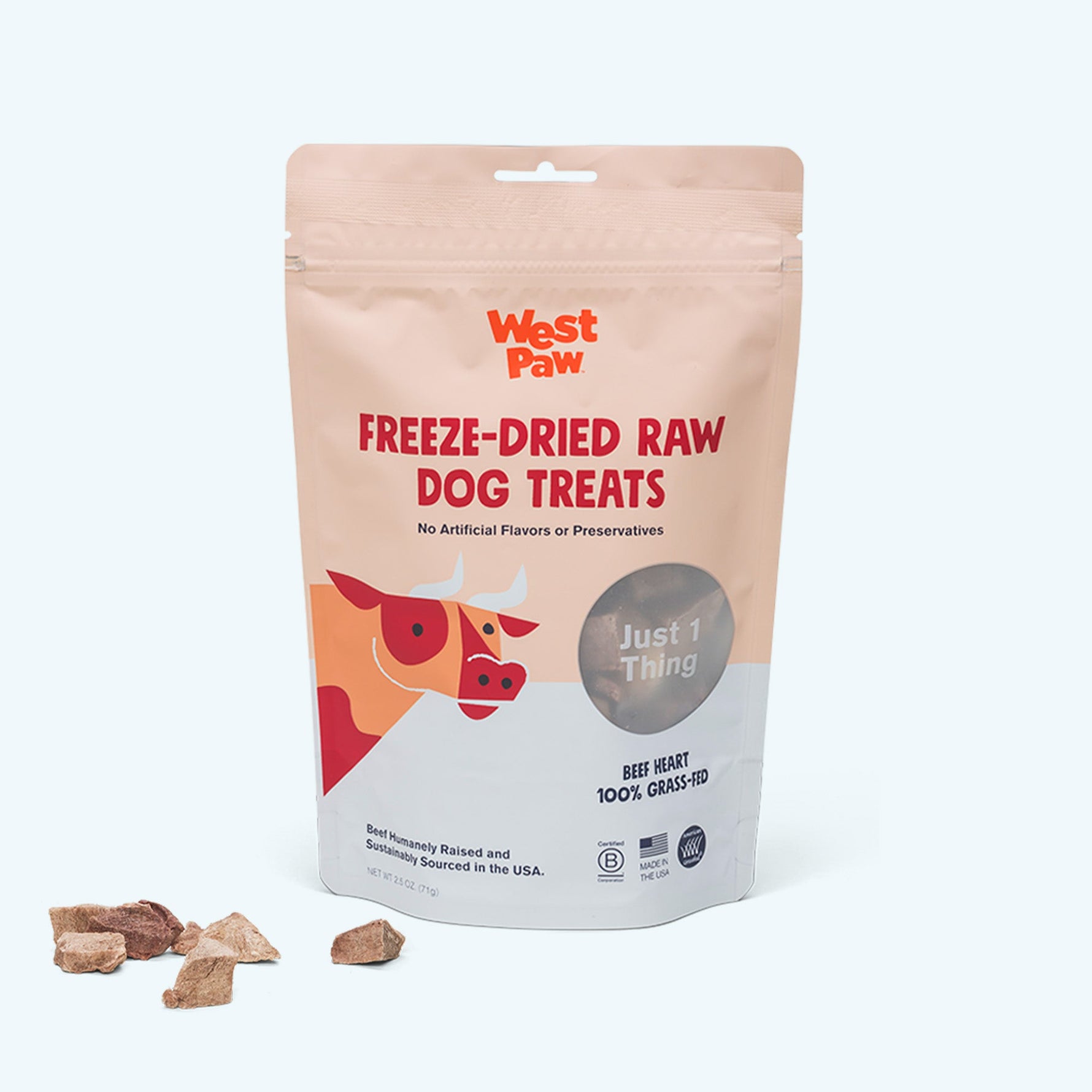 Freeze-dried raw dog treat pouch with beef heart chunks and resealable top