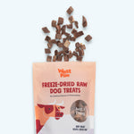 Freeze-dried raw dog treat pouch with scattered beef heart cubes on top