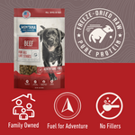 Dog food pouch with freeze-dried raw logo and brand icons for family, fuel, no fillers