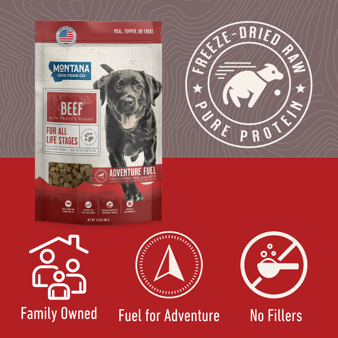 Dog food pouch with freeze-dried raw logo and brand icons for family, fuel, no fillers