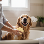 Paw-shaped dog shampoo bar in pale cream, held in a hand during bathing