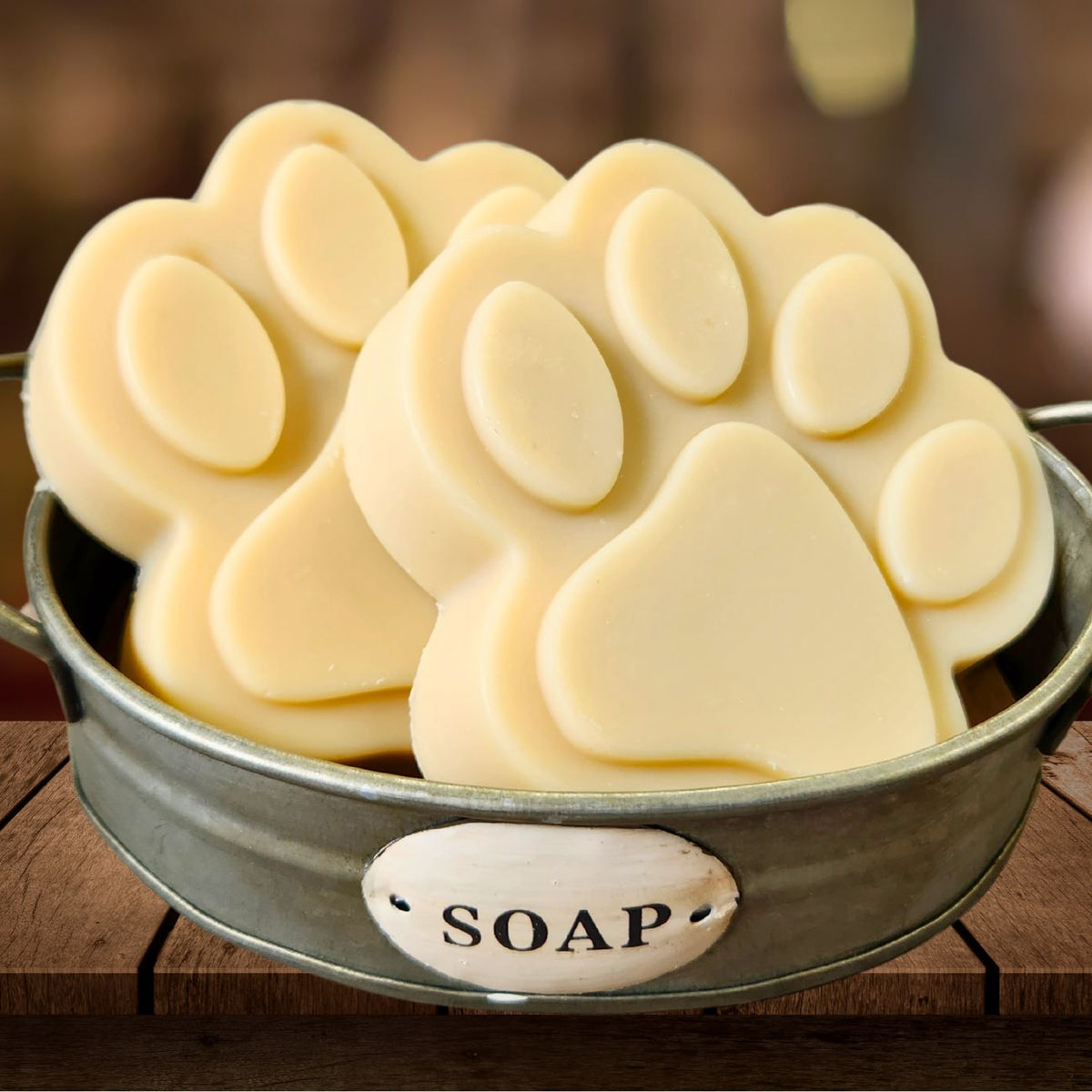Dog shampoo bar, paw-print goat milk soap in metal tray