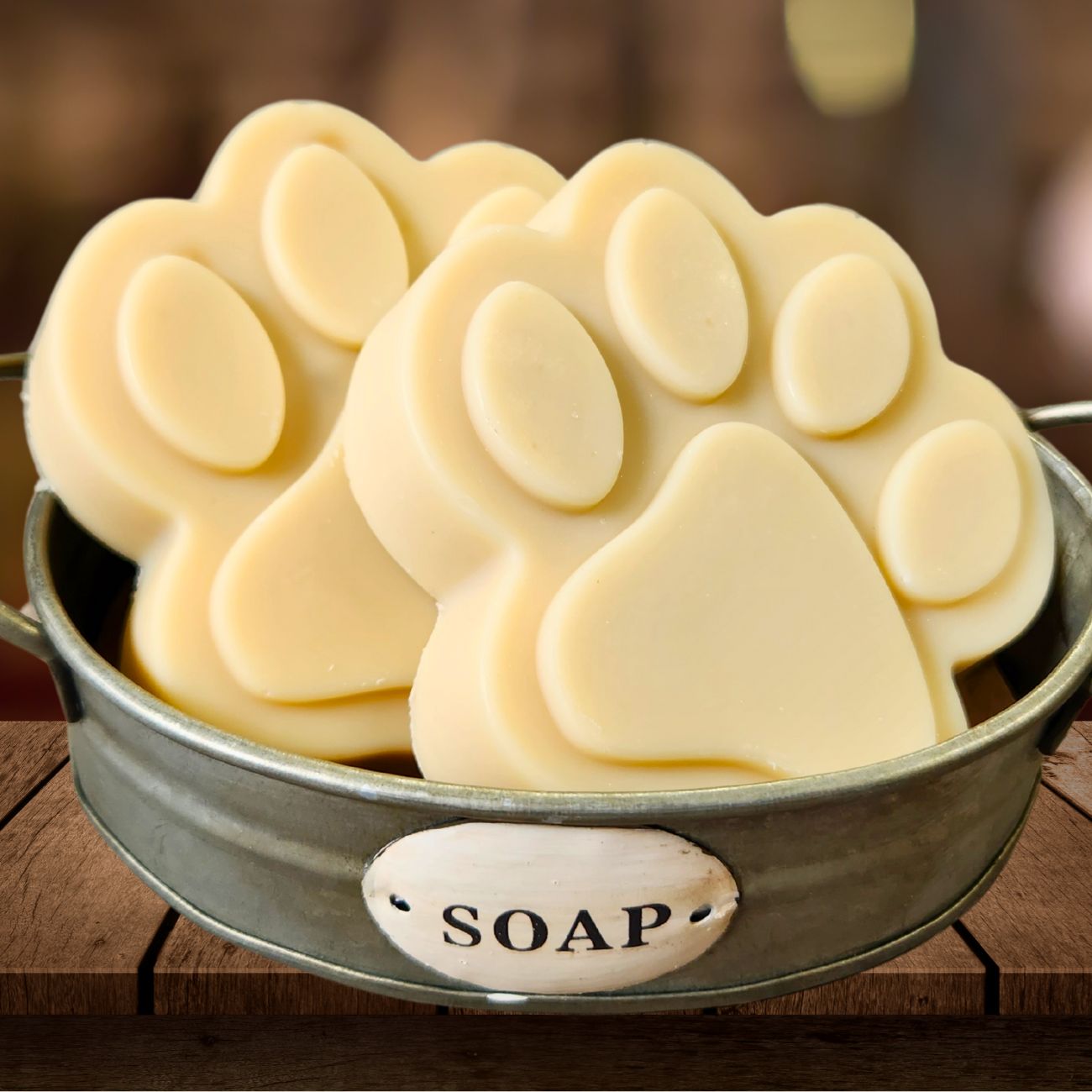 Dog shampoo bar, paw-print goat milk soap in metal tray