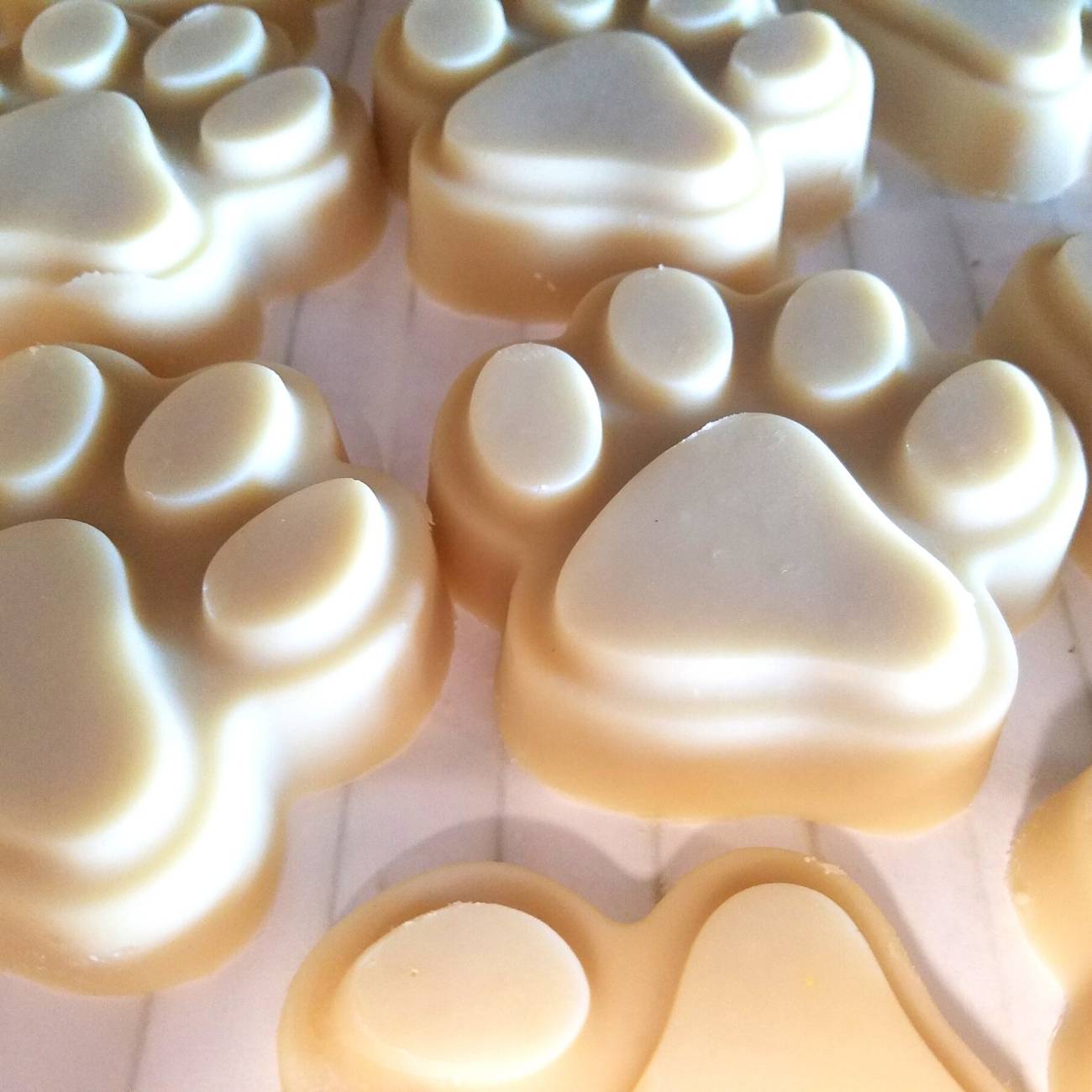 Stack of paw-print goat milk soap bars for dog shampoo