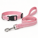 Pink dog collar with matching leash, adjustable buckle and metal D-ring hardware