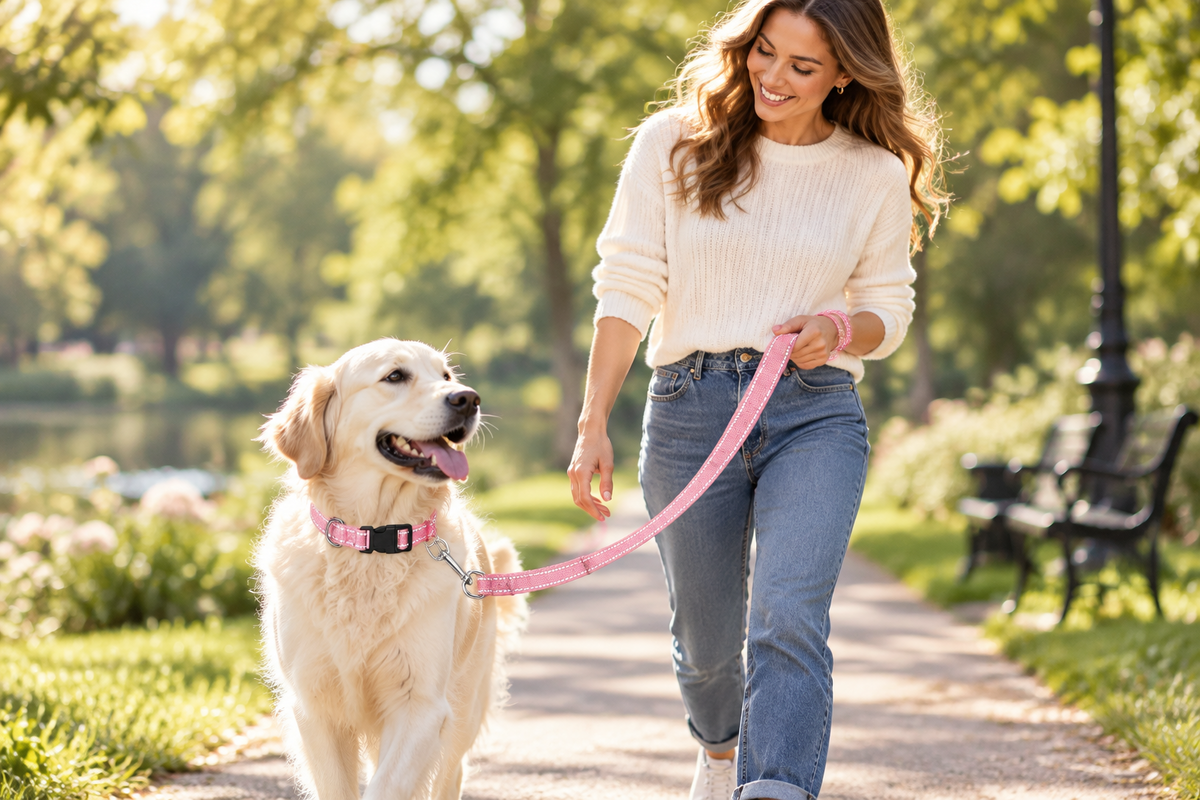 Pink dog collar and matching leash held by a person during an outdoor walk