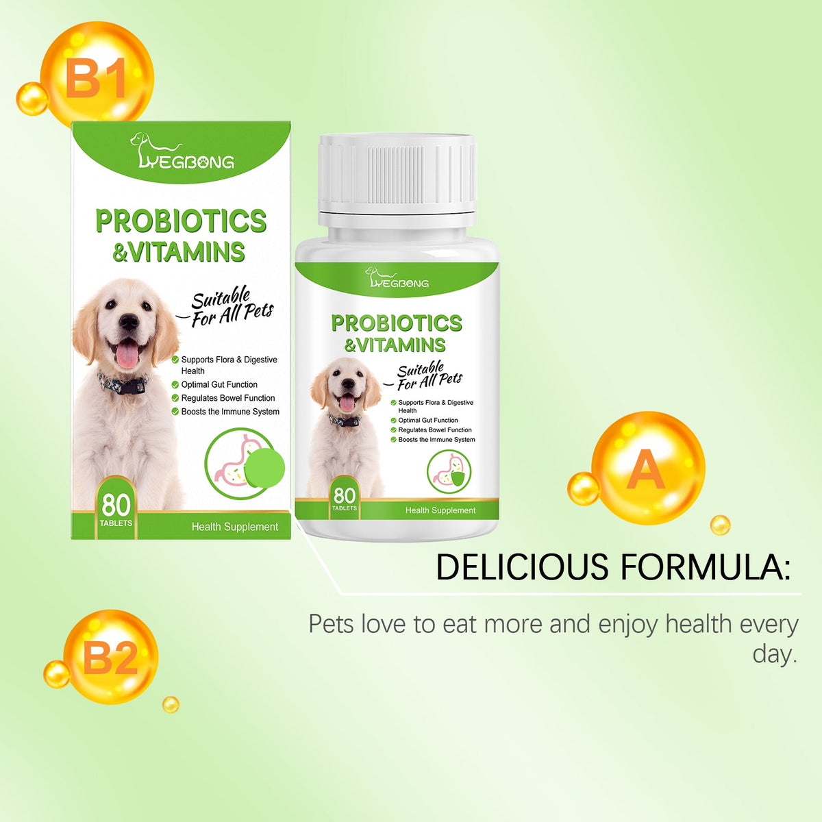 Probiotics & Vitamins supplement bottle and box, 80 tablets