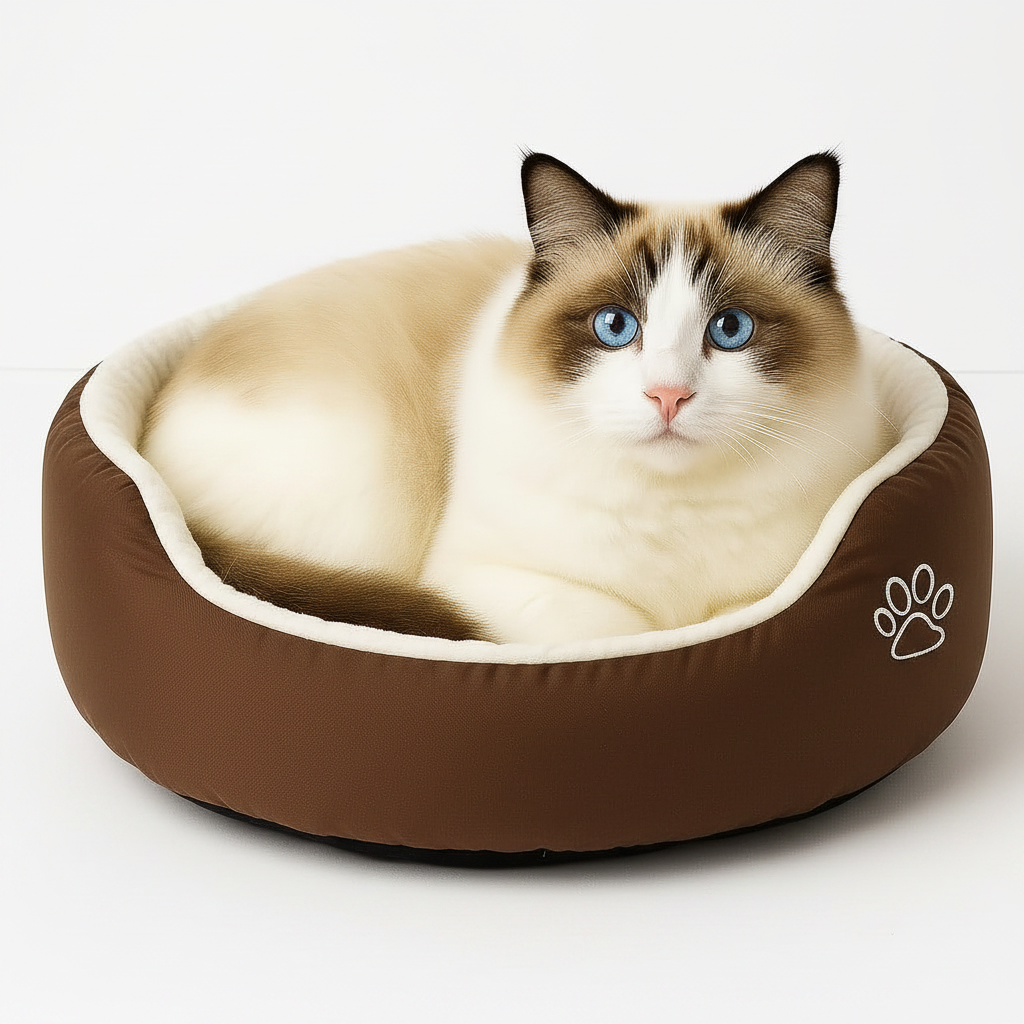 Donut pet bed with cream plush nest and dark brown outer, paw print patch