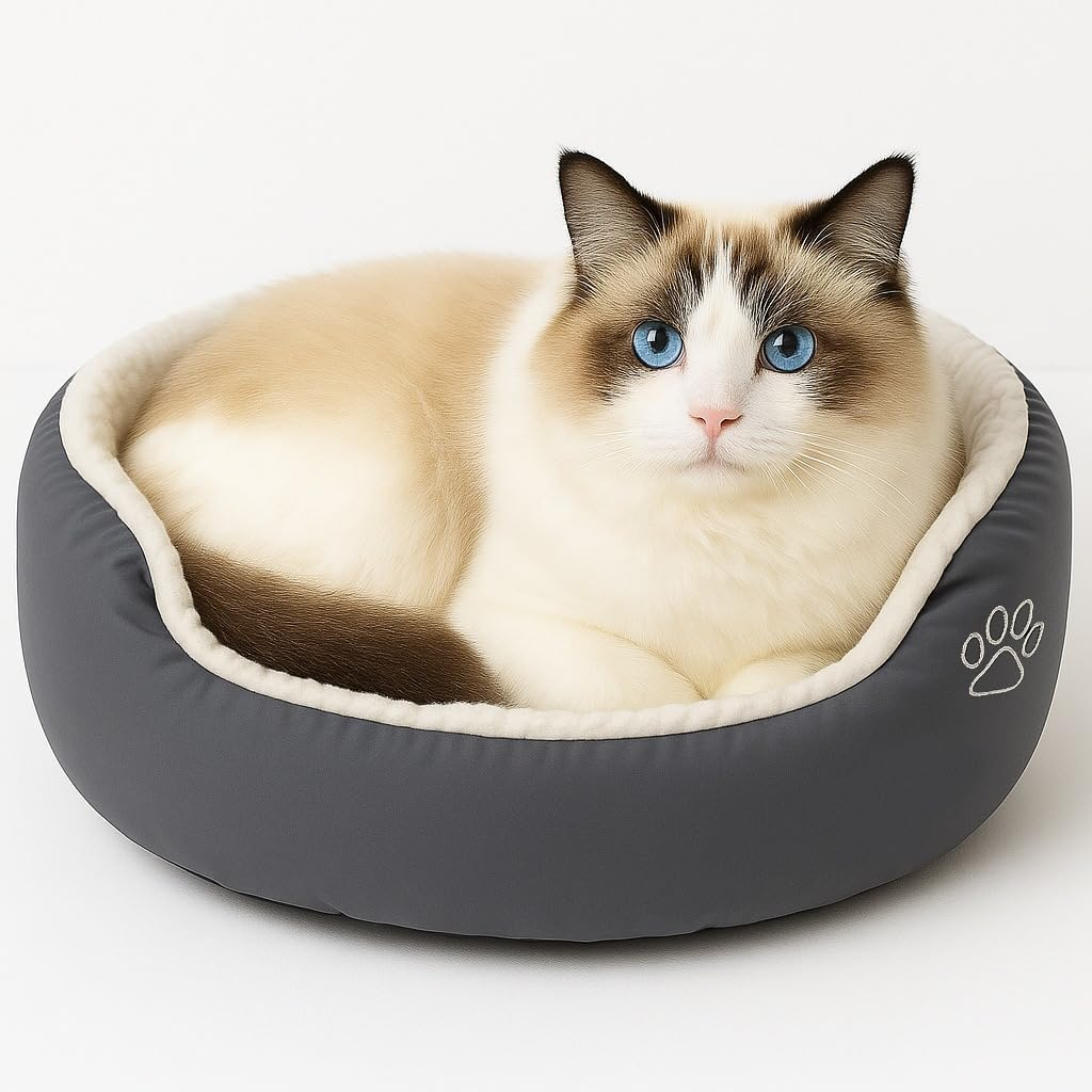 Donut pet bed with cream plush nest and gray outer, paw print patch
