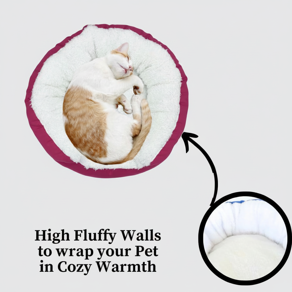 Donut pet bed with white plush center, maroon rim, cozy nest for pets