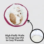 Donut pet bed with white plush center, maroon rim, cozy nest for pets