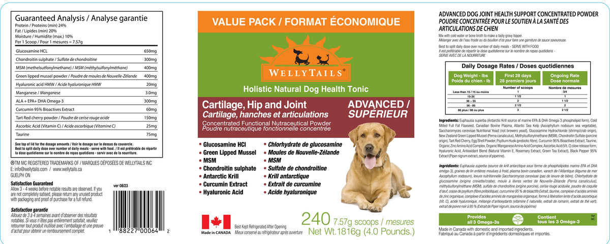 WellyTails cartilage hip and joint dog supplement back label panel, analysis and directions