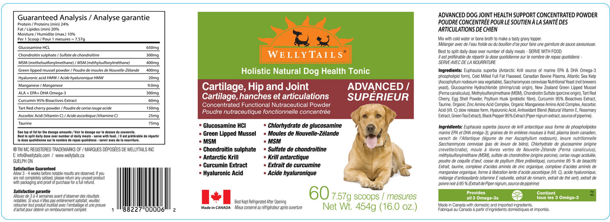 WellyTails cartilage hip and joint dog supplement back label, green panel and servings
