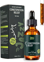 Cat constipation relief drops dietary supplement bottle with amber liquid and carton package