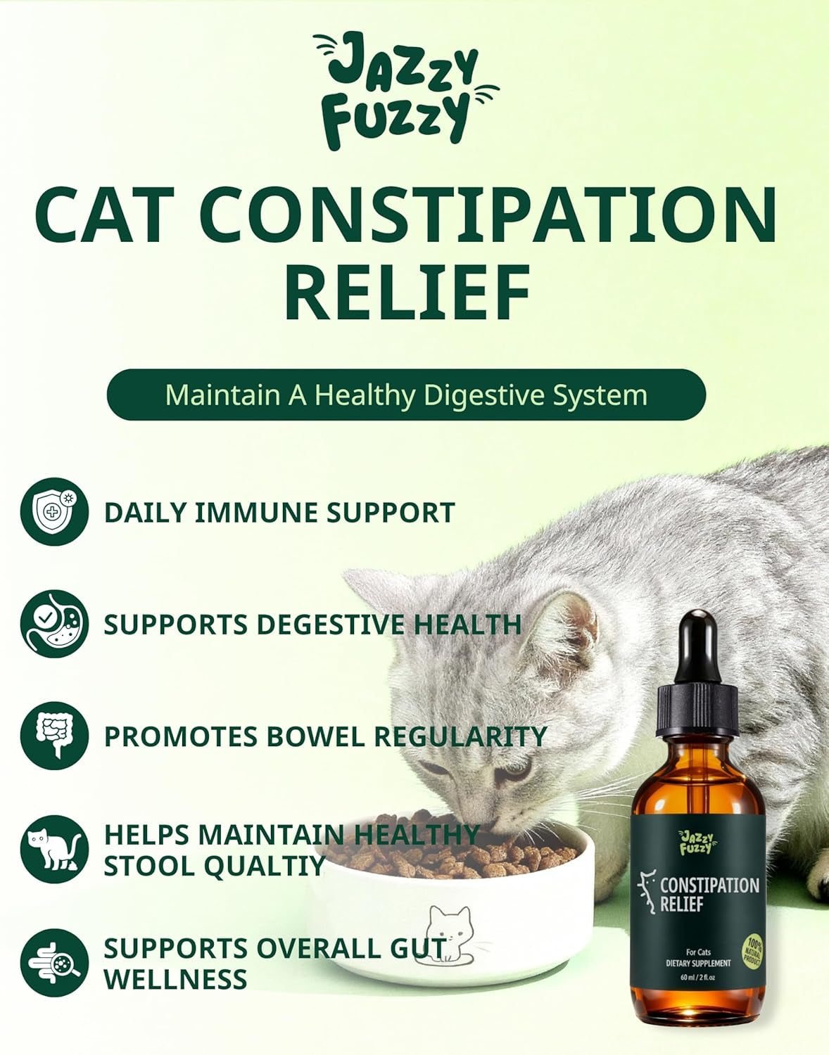 Cat constipation relief drops bottle with green label and informational graphic
