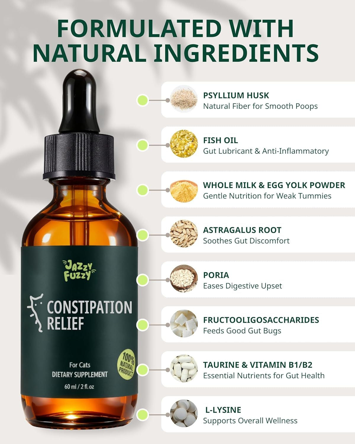 Cat constipation relief drops bottle next to ingredient list panel