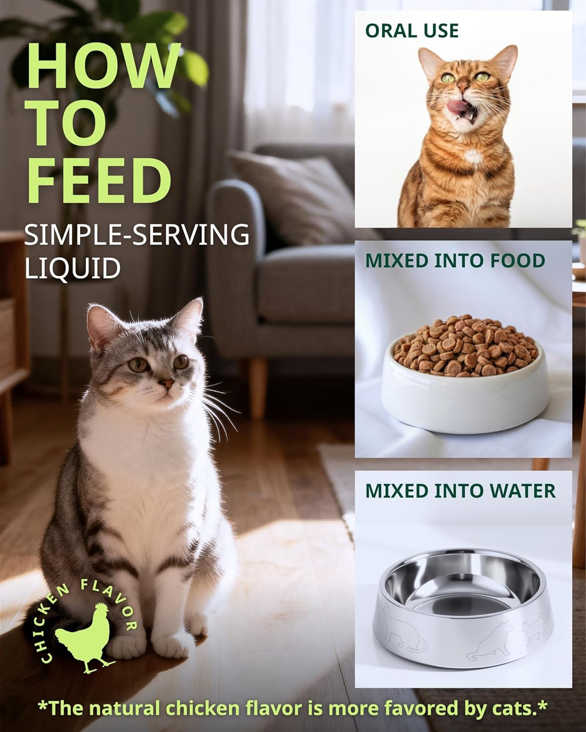Cat constipation relief drops shown for mixing into food and water