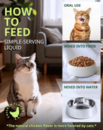 Cat constipation relief drops shown for mixing into food and water